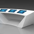 Modern White Reception Desk With Three Blue Screens And Tech Inspired Design 3d model