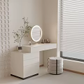 White Dressing Table With Round Mirror Green Plant White Blinds And Geometric Pattern Wall 3d model