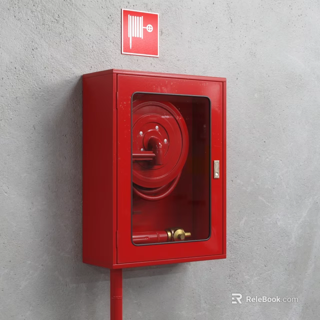 Red Fire Equipment Cabinet Mounted On Gray Wall With Transparent Glass Door And Fire Hose 3d model 
