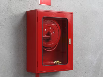 Red Fire Equipment Cabinet Mounted On Gray Wall With Transparent Glass Door And Fire Hose 3d model