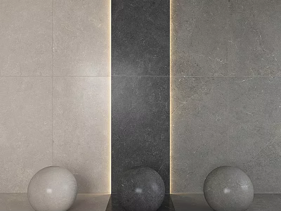 Three Spherical Sculptures with Light Gray and Dark Gray Balls Against Gray Wall Surface 3d model