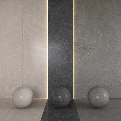 Three Spherical Sculptures with Light Gray and Dark Gray Balls Against Gray Wall Surface 3d model