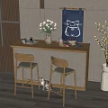 Wooden Bar Counter With Flower Vase Decorative Painting Two Stools And Kitten