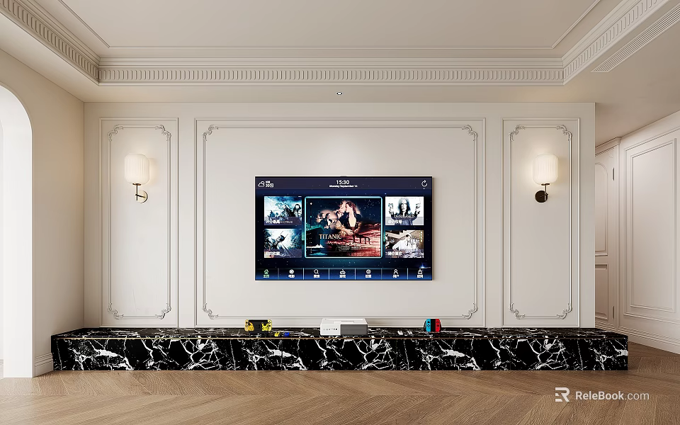 Elegant Black Marble TV Stand With White Wall Decorative Molding And Wall Sconces 3d model 
