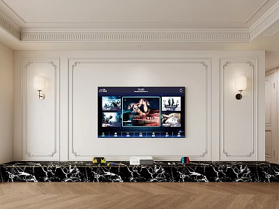 Elegant Black Marble TV Stand With White Wall Decorative Molding And Wall Sconces 3d model