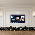 Elegant Black Marble TV Stand With White Wall Decorative Molding And Wall Sconces