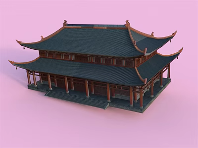Traditional Chinese Ancient Architecture With Two Story Structure Overhanging Eaves And Dark Tiled Roof 3d model