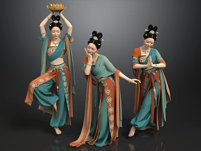 Three Women Dancing in Traditional Teal Orange Costumes With Intricate Patterns and Hairstyles 3d model