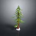 Green Tree With Brown Trunk And White Decorations And Snow At The Bottom