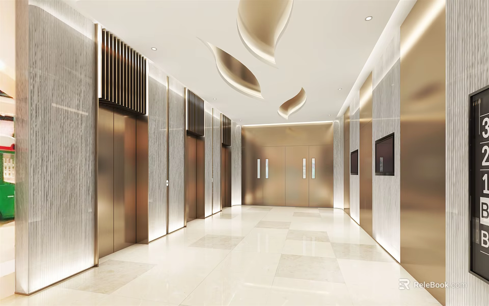 Modern Elevator Lobby With Metallic Walls Curved Ceiling Bright Lighting And Polished Floor 3d model 