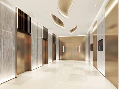 Modern Elevator Lobby With Metallic Walls Curved Ceiling Bright Lighting And Polished Floor 3d model