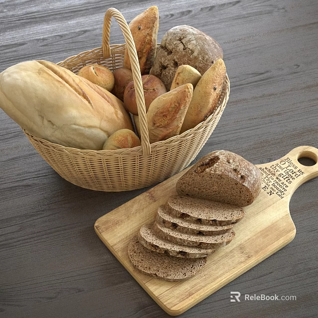 Assorted Fresh Bread Varieties With Wicker Basket And Sliced Loaf On Wooden Cutting Board 3d model 