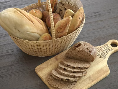 Assorted Fresh Bread Varieties With Wicker Basket And Sliced Loaf On Wooden Cutting Board 3d model