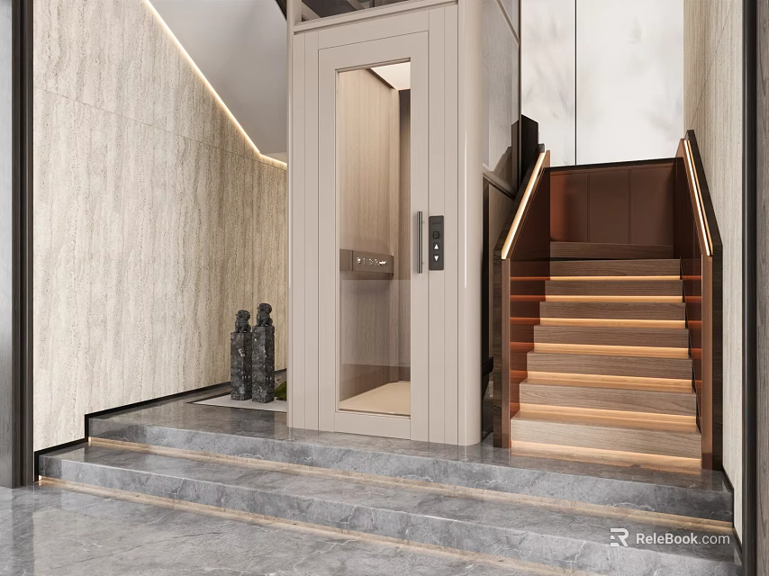 Elegant Modern Entryway With Elevator Staircase And Marble Accents Decorative Statues 3d model