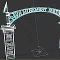 Arched Amusement Park Entrance Gate With Iron Design Circular Cutouts American Flags And Gray Columns