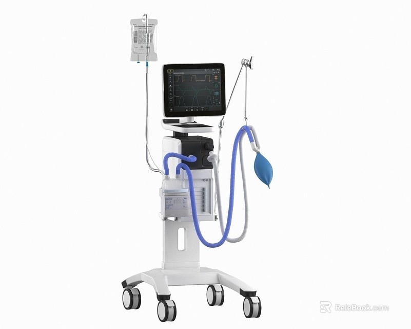 Medical Ventilator Equipment With Mobile Cart Digital Display And Breathing Circuit Tubes 3d model 