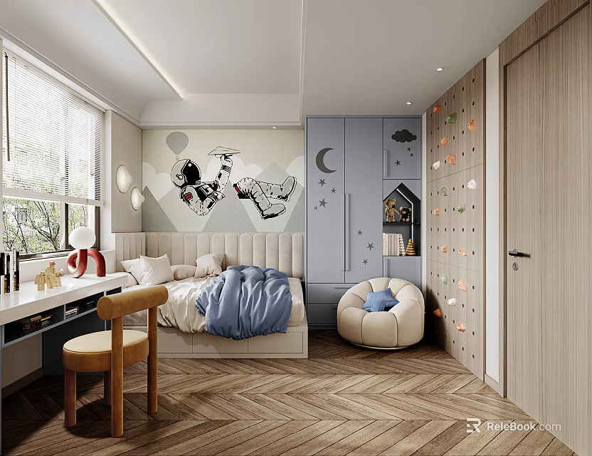 Kids Room Interior With Bed Blue Quilt Hearts Moon Wallpaper And Bean Bag Chair 3d model 