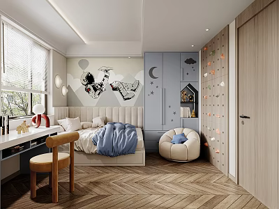 Kids Room Interior With Bed Blue Quilt Hearts Moon Wallpaper And Bean Bag Chair 3d model