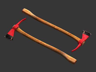 Traditional Red and Black Axes as Historical Weapons with Wooden Handles 3d model