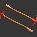 Traditional Red and Black Axes as Historical Weapons with Wooden Handles
