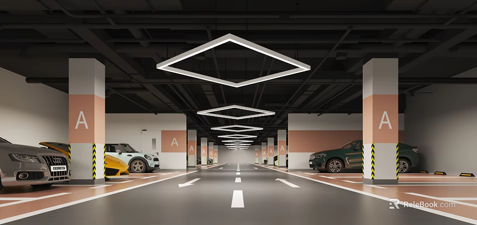 Modern Indoor Parking Garage With Geometric Ceiling Lights Pink White Columns And Parked Cars 3d model 
