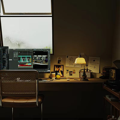 Desk Workspace with Computer Monitors Desk Lamp Photo Notes and Stacked Books 3d model