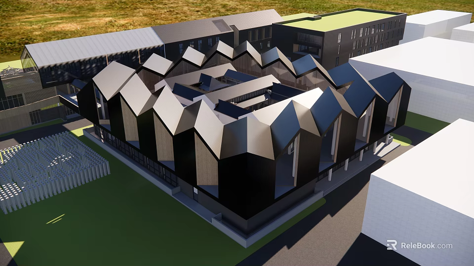 Modern Architectural Building With Unique Geometric Roofs Black Gray Exterior And Green Lawn 3d model 