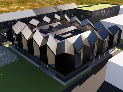 Modern Architectural Building With Unique Geometric Roofs Black Gray Exterior And Green Lawn 3d model