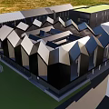 Modern Architectural Building With Unique Geometric Roofs Black Gray Exterior And Green Lawn