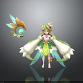 Fantasy Female Character With Pink Hair Green White Outfit Floral Crown And Feathered Orb