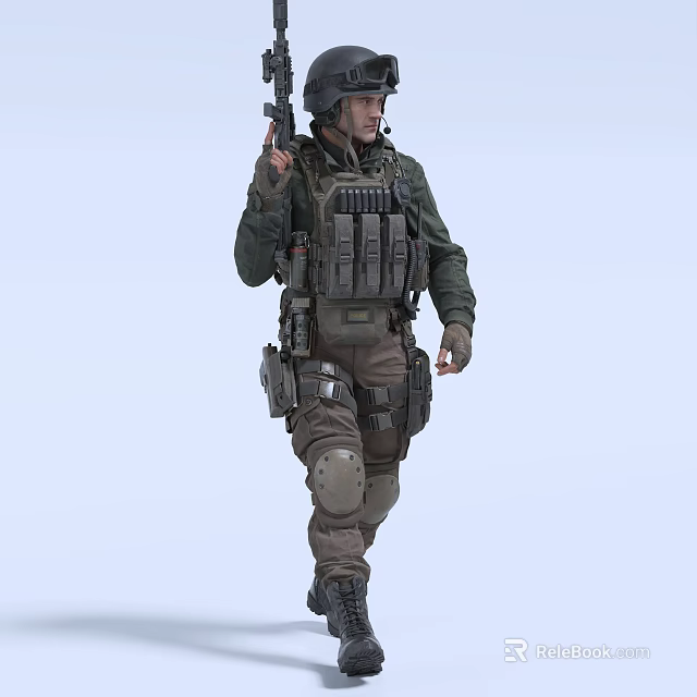 Man In Tactical Gear Holding Rifle Wearing Helmet And Knee Pads 3d model 