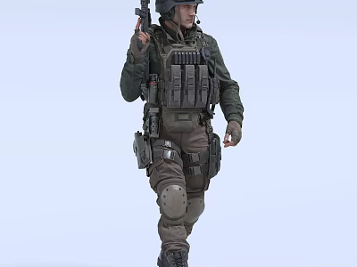 Man In Tactical Gear Holding Rifle Wearing Helmet And Knee Pads 3d model
