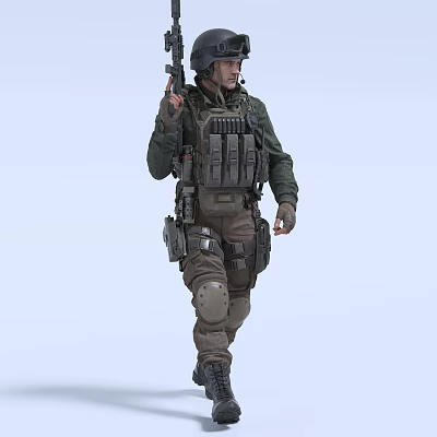 Man In Tactical Gear Holding Rifle Wearing Helmet And Knee Pads 3d model