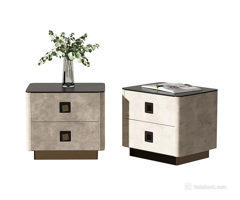 Two Beige Fabric Nightstands With Drawers Metal Handles Greenery Vase And Magazine On Top 3d model 
