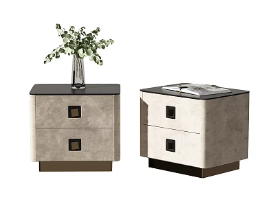 Two Beige Fabric Nightstands With Drawers Metal Handles Greenery Vase And Magazine On Top 3d model