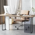 Contemporary Office Desk With Wooden Top Metal Frame White Monitor Beige Chair And Green Plant