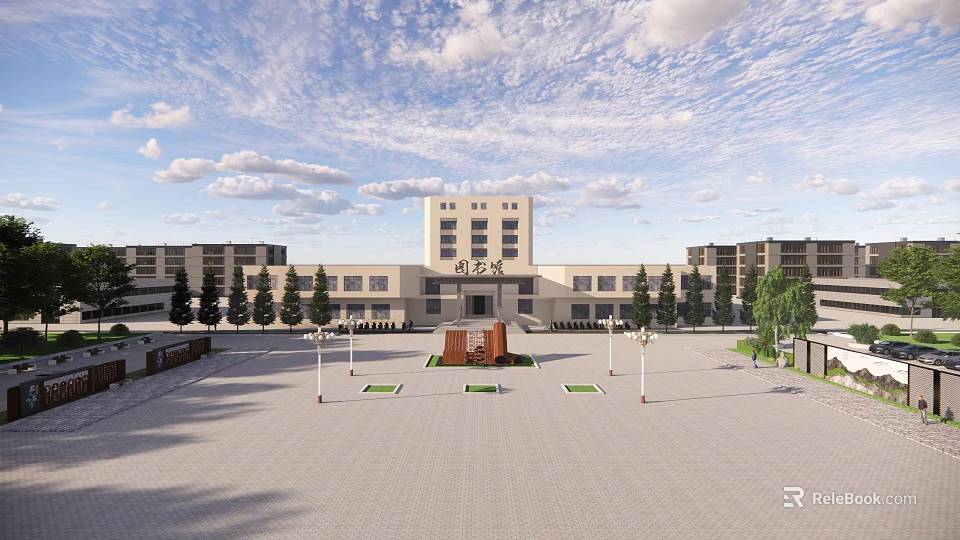 Spacious School Main Building With Open Plaza And Lined Trees Under Blue Sky 3d model
