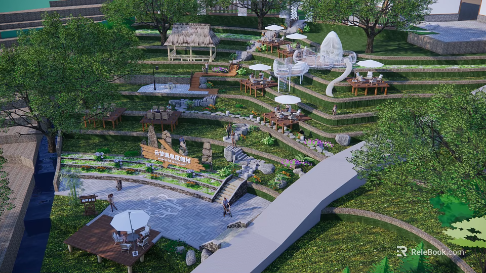 Scenic Rural Landscape With Terraced Platforms Green Trees White Umbrellas And Thatched Pavilion 3d model 