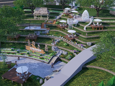 Scenic Rural Landscape With Terraced Platforms Green Trees White Umbrellas And Thatched Pavilion 3d model