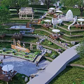 Scenic Rural Landscape With Terraced Platforms Green Trees White Umbrellas And Thatched Pavilion