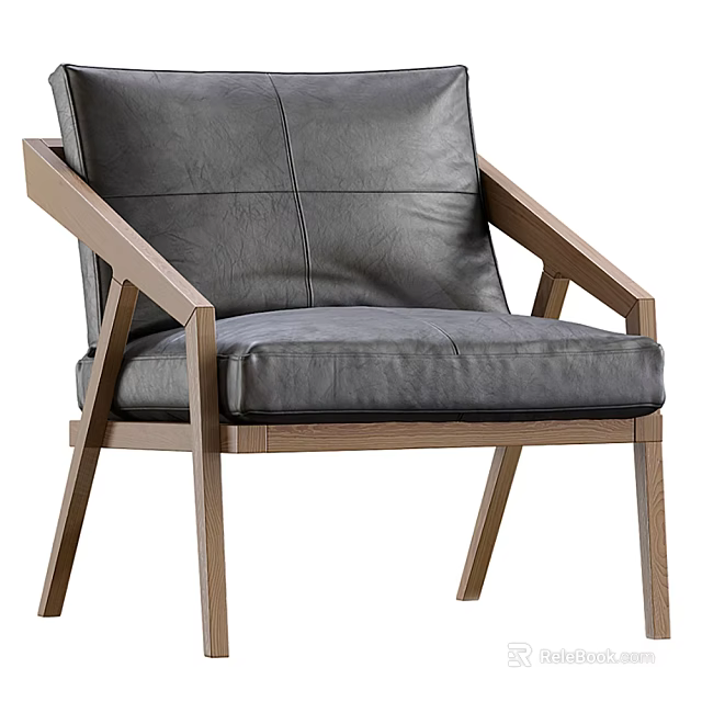 Dark Gray Leather Accent Chair With Light Wooden Frame Modern Minimalist Design For Living Room 3d model 