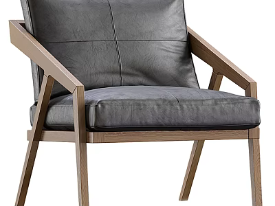 Dark Gray Leather Accent Chair With Light Wooden Frame Modern Minimalist Design For Living Room 3d model