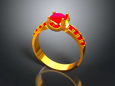 Stunning Gold Ring Featuring Central Red Gemstone And Accent Red Stones 3d model