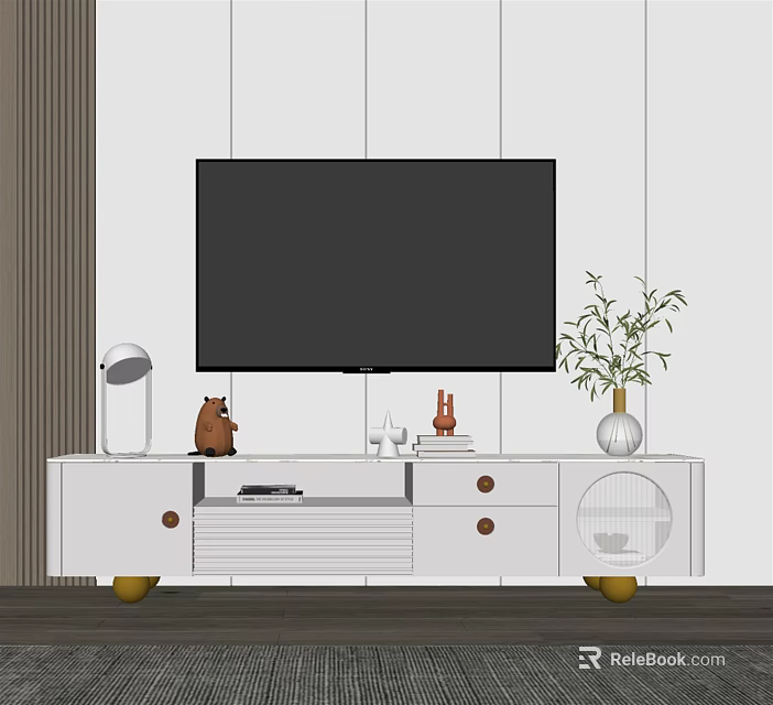 Modern White TV Stand With TV Bear Decor Table Lamp And Potted Plant 3d model 