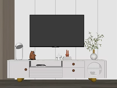 Modern White TV Stand With TV Bear Decor Table Lamp And Potted Plant 3d model