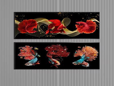 Colorful Betta Fish Art With Red Fins And Golden Streamers On Black Background 3d model