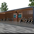 Public Electric Scooter Charging Facility With Wooden Structure Canopy And Digital Screens