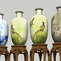 Traditional Ceramic Vases with Landscape Pheasant and Magnolia Patterns on Wooden Carved Stands