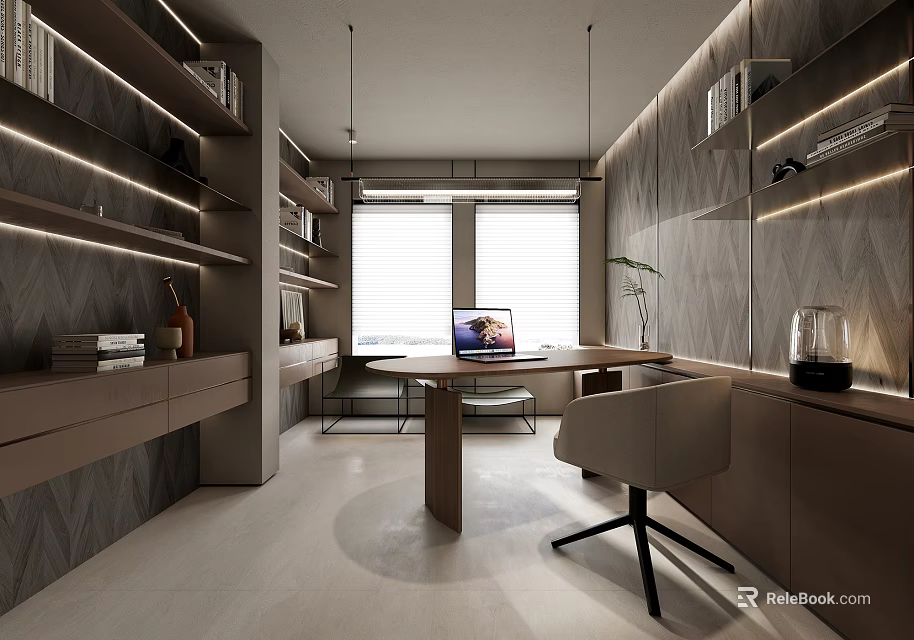 Modern Study Room Interior With Wooden Desk Bookshelves And Pendant Lights 3d model 