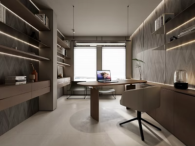 Modern Study Room Interior With Wooden Desk Bookshelves And Pendant Lights 3d model